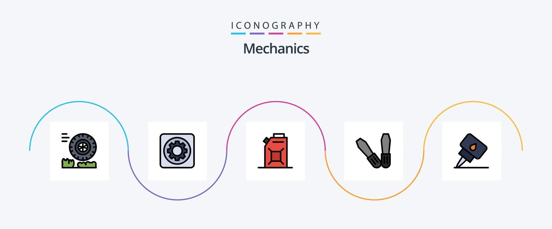 Mechanics Line Filled Flat 5 Icon Pack Including . oil. engine. mechanic. tools vector