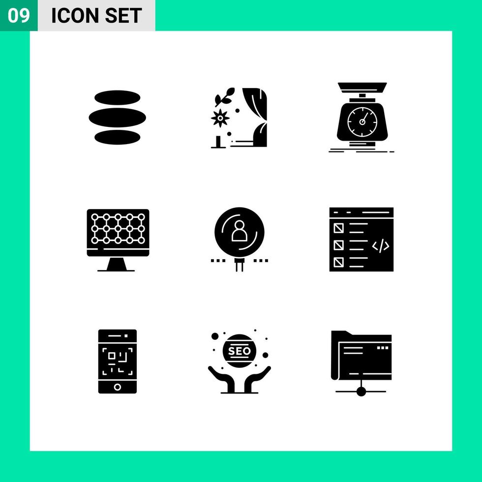 Group of 9 Solid Glyphs Signs and Symbols for human hardware implementation technology volume Editable Vector Design Elements