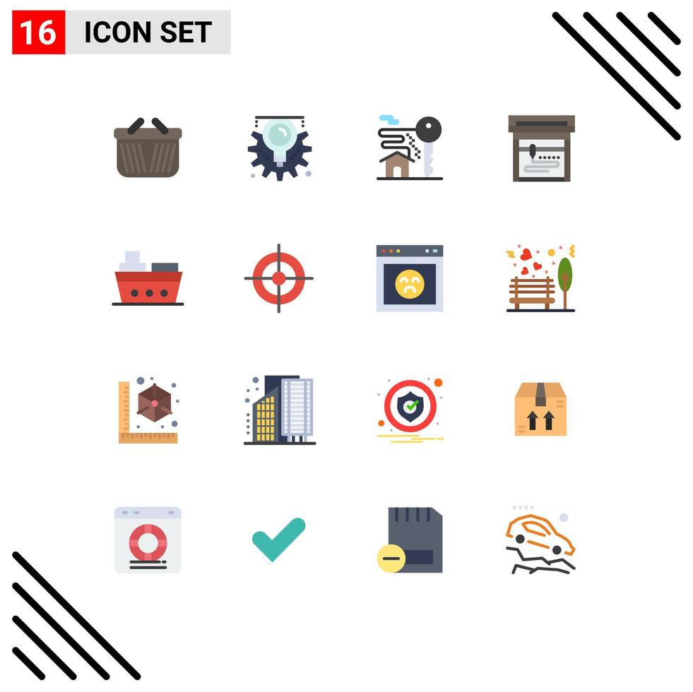 Pack of 16 Modern Flat Colors Signs and Symbols for Web Print Media such as vehicles marine home boat machine Editable Pack of Creative Vector Design Elements