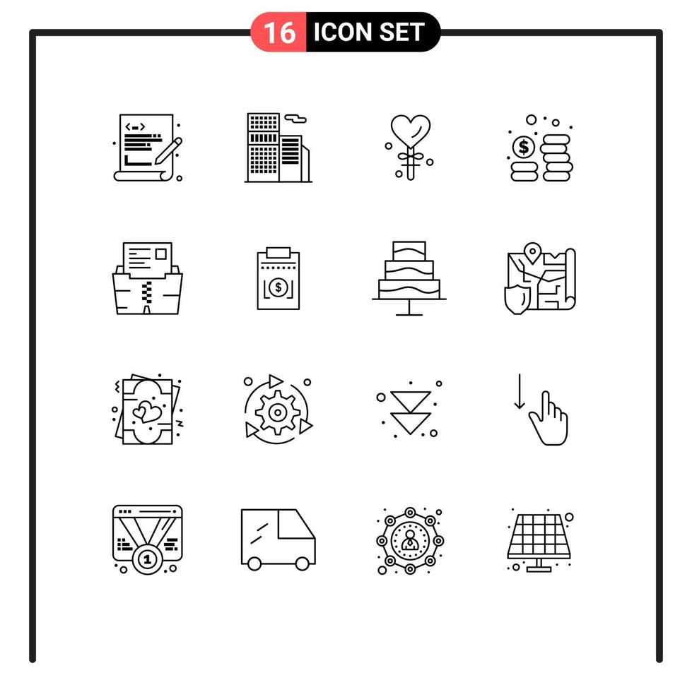 Outline Pack of 16 Universal Symbols of document zip heart money cash Editable Vector Design Elements