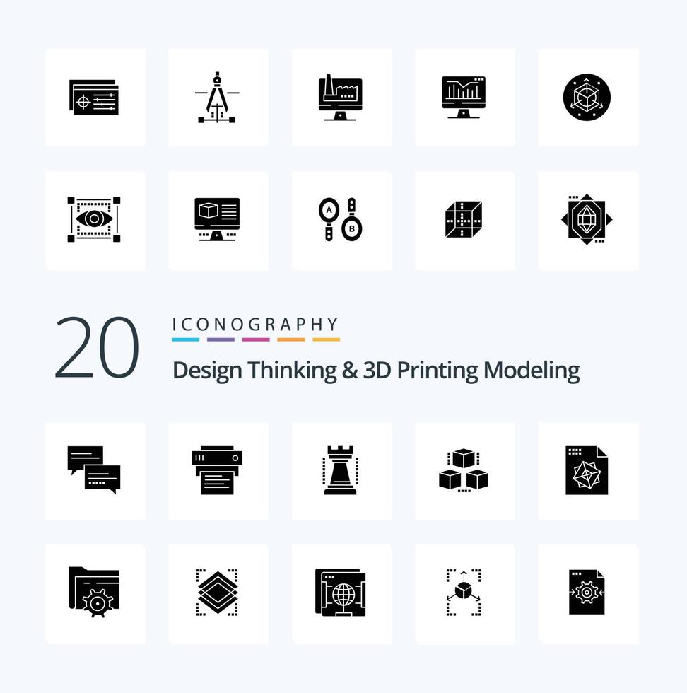 20 Design Thinking And D Printing Modeling Solid Glyph icon Pack like drawing object entertainment target setting vector