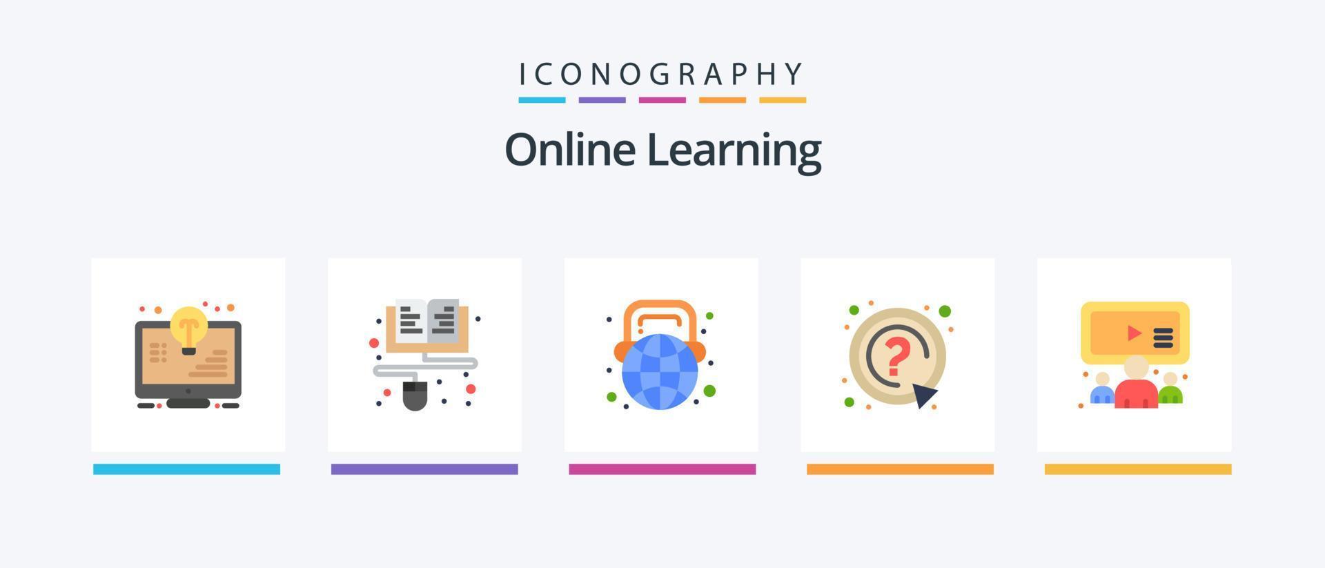 paquete de iconos flat 5 de aprendizaje en línea que incluye soporte. marca. en línea. preguntar. mundo. diseño de iconos creativos vector