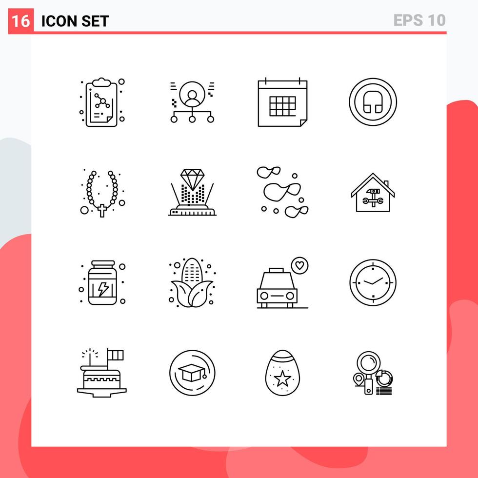 Group of 16 Outlines Signs and Symbols for necklace basic appointment headphone event Editable Vector Design Elements