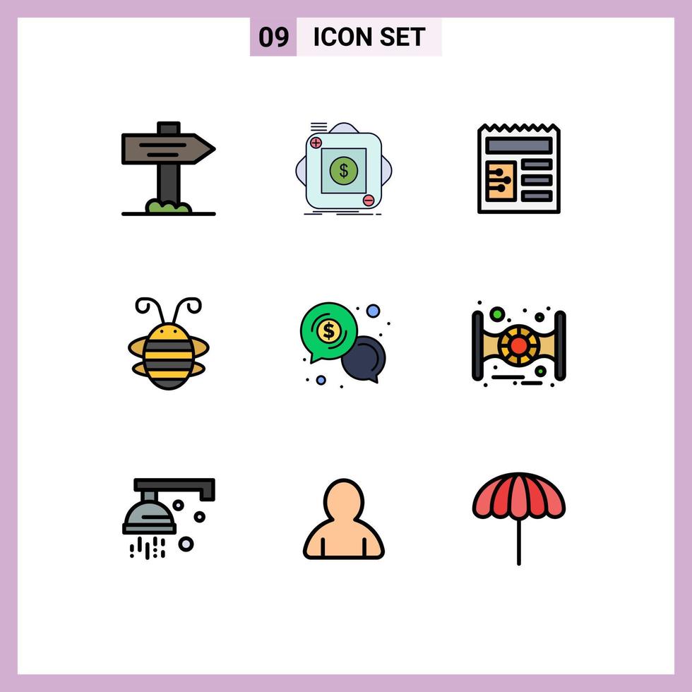 Set of 9 Vector Filledline Flat Colors on Grid for cash ladybug document ladybird beetle Editable Vector Design Elements