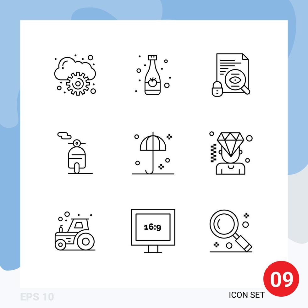 Set of 9 Vector Outlines on Grid for umbrella safety search protection scooter Editable Vector Design Elements