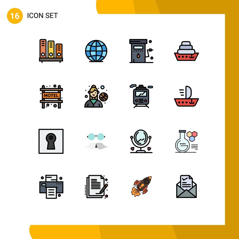 16 Thematic Vector Flat Color Filled Lines and Editable Symbols of motel vessel energy liner station Editable Creative Vector Design Elements