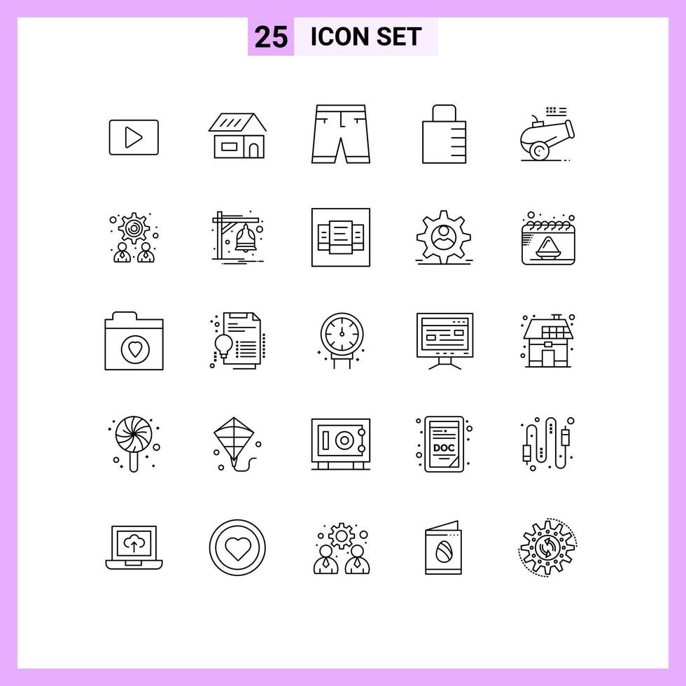 Mobile Interface Line Set of 25 Pictograms of big gun protect accessories lock pad shorts Editable Vector Design Elements