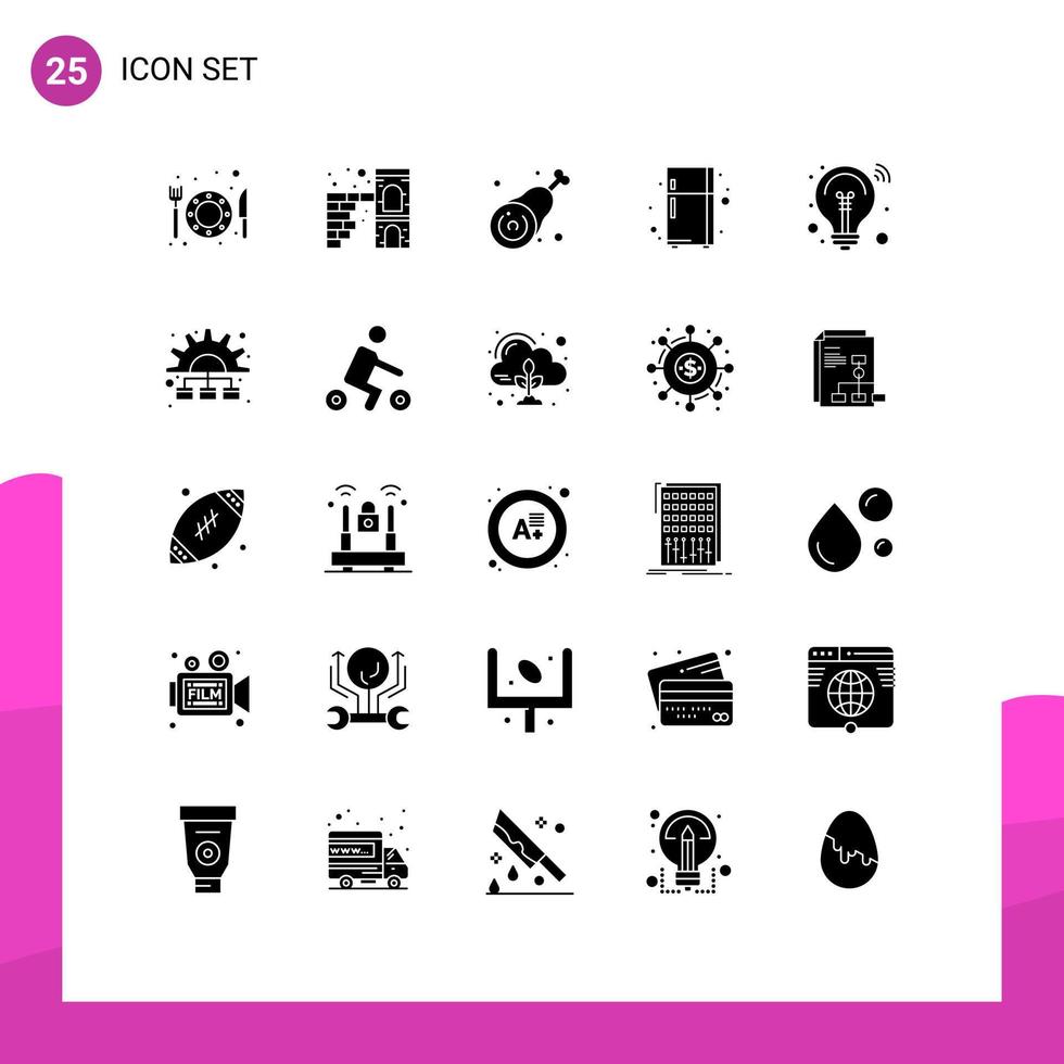 Group of 25 Solid Glyphs Signs and Symbols for innovation bulb bone refrigerator electronic device Editable Vector Design Elements