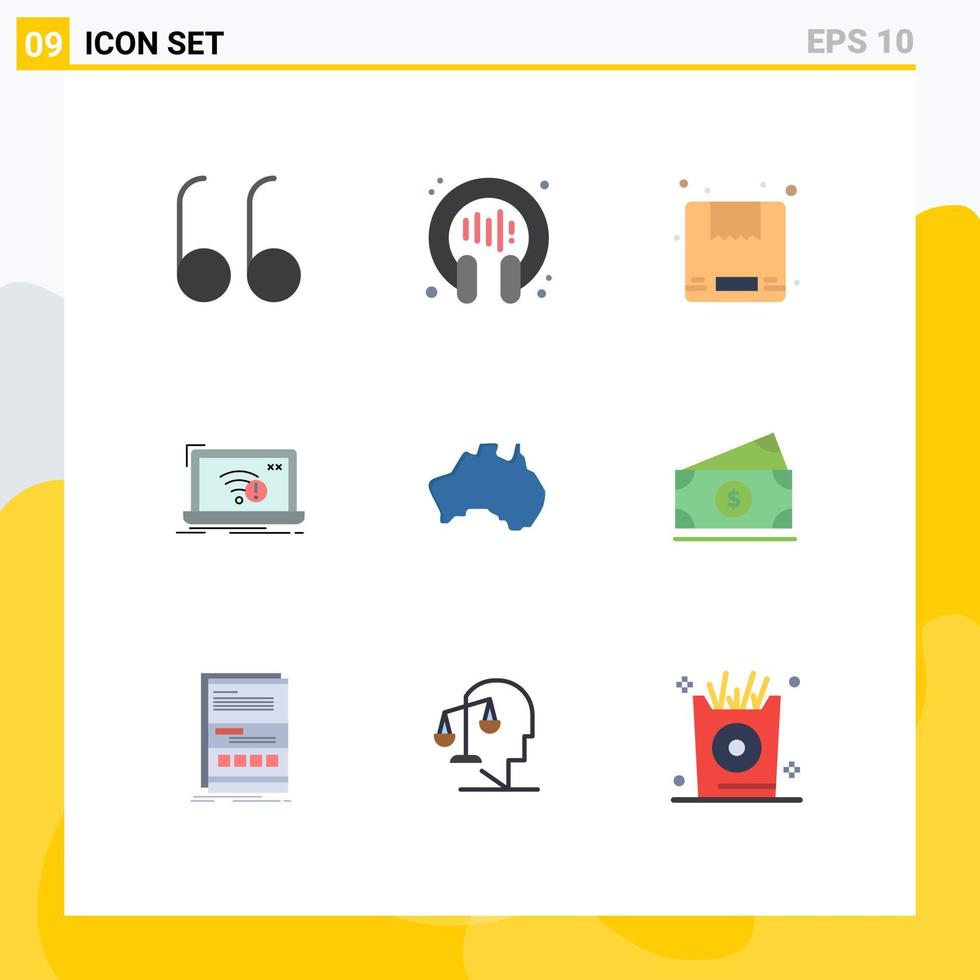 9 User Interface Flat Color Pack of modern Signs and Symbols of map country shipping australian lost Editable Vector Design Elements