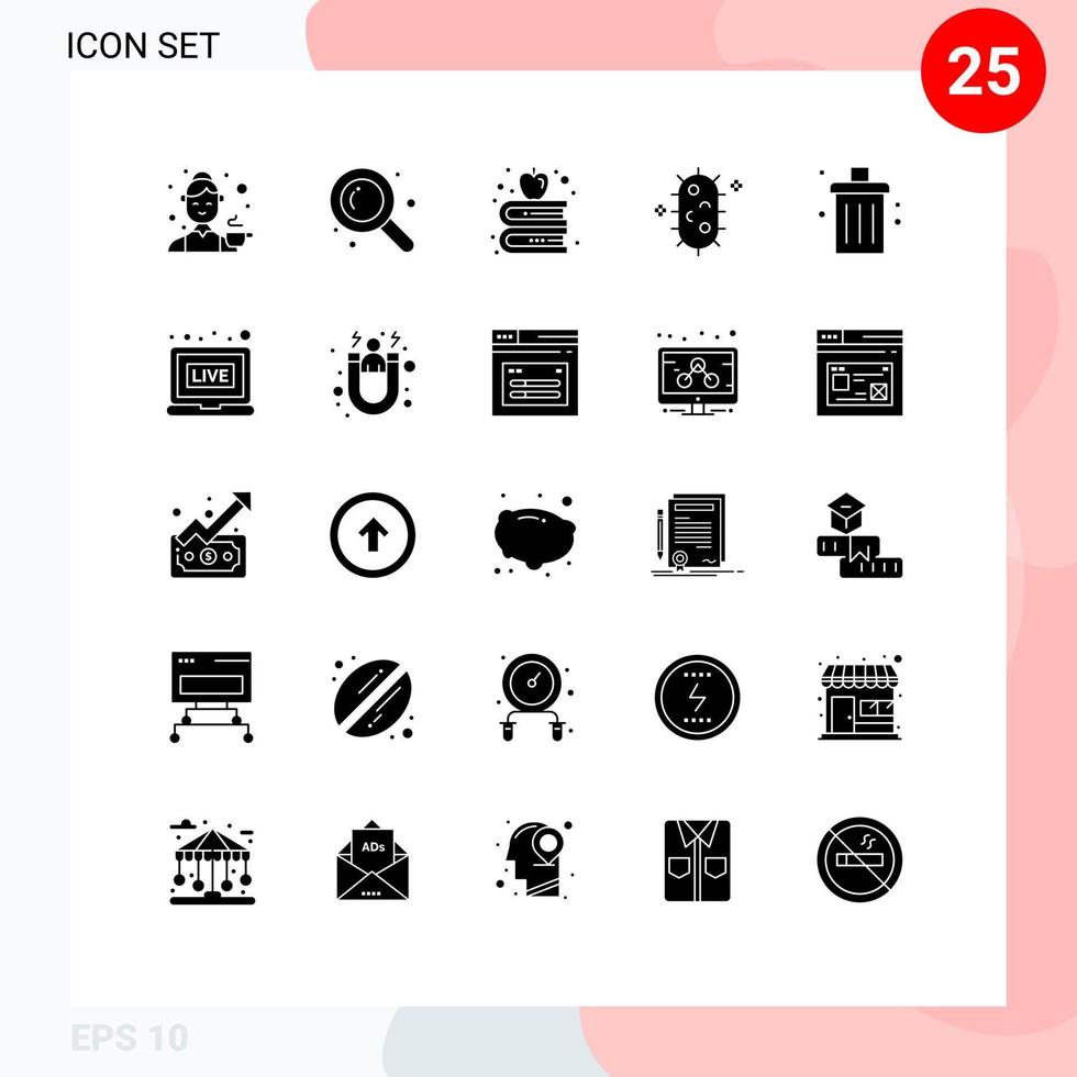 Pictogram Set of 25 Simple Solid Glyphs of delete bin apple chemistry biochemistry Editable Vector Design Elements