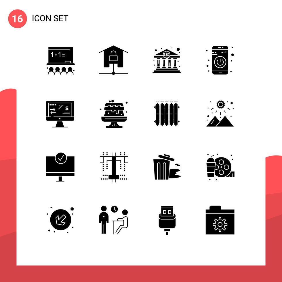 Modern Set of 16 Solid Glyphs and symbols such as tax regulation turn off technology switch government Editable Vector Design Elements