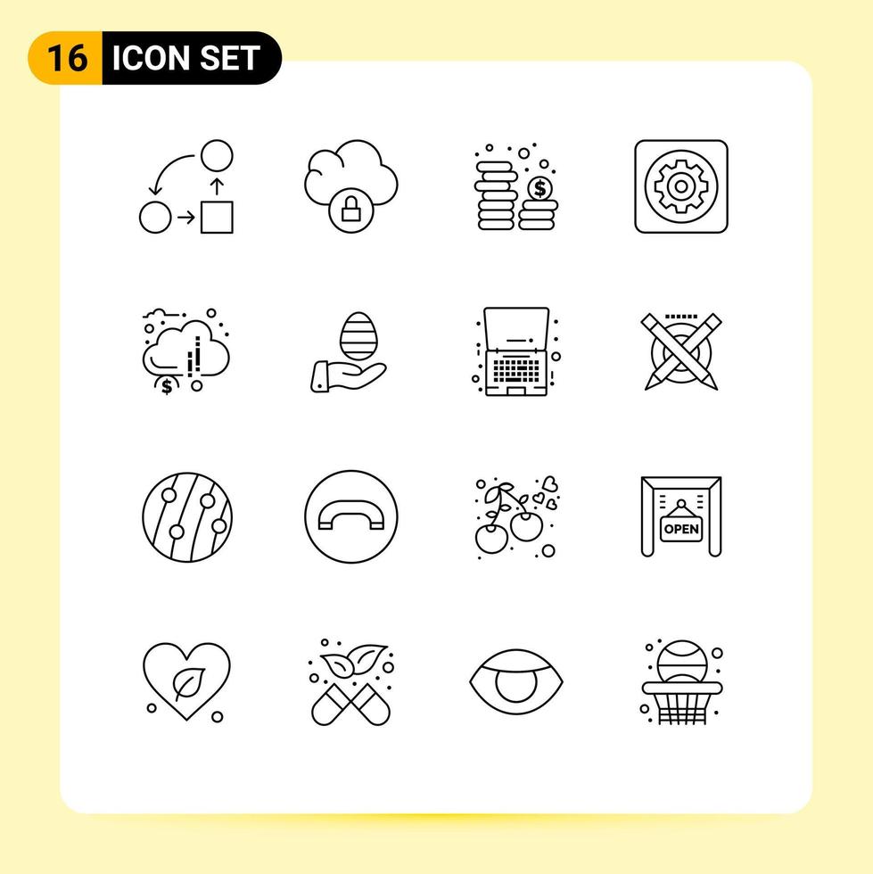 Pack of 16 Modern Outlines Signs and Symbols for Web Print Media such as crowd funding setting cash option gear Editable Vector Design Elements