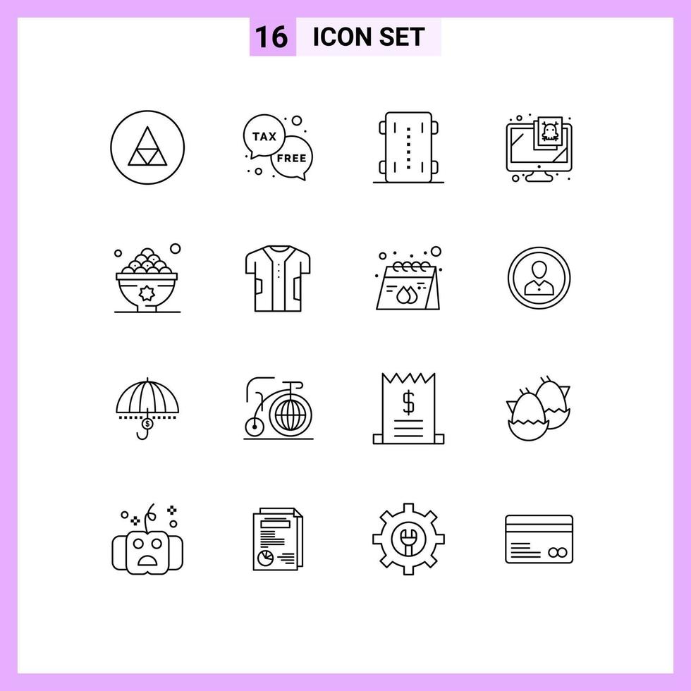 conjunto de pictogramas de 16 contornos simples de elementos de diseño de vectores editables de deporte de monopatín de dinero de computadora de seguridad