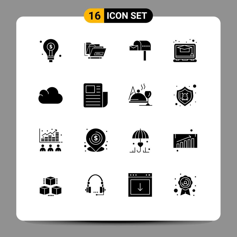 Group of 16 Solid Glyphs Signs and Symbols for data study safe online box Editable Vector Design Elements