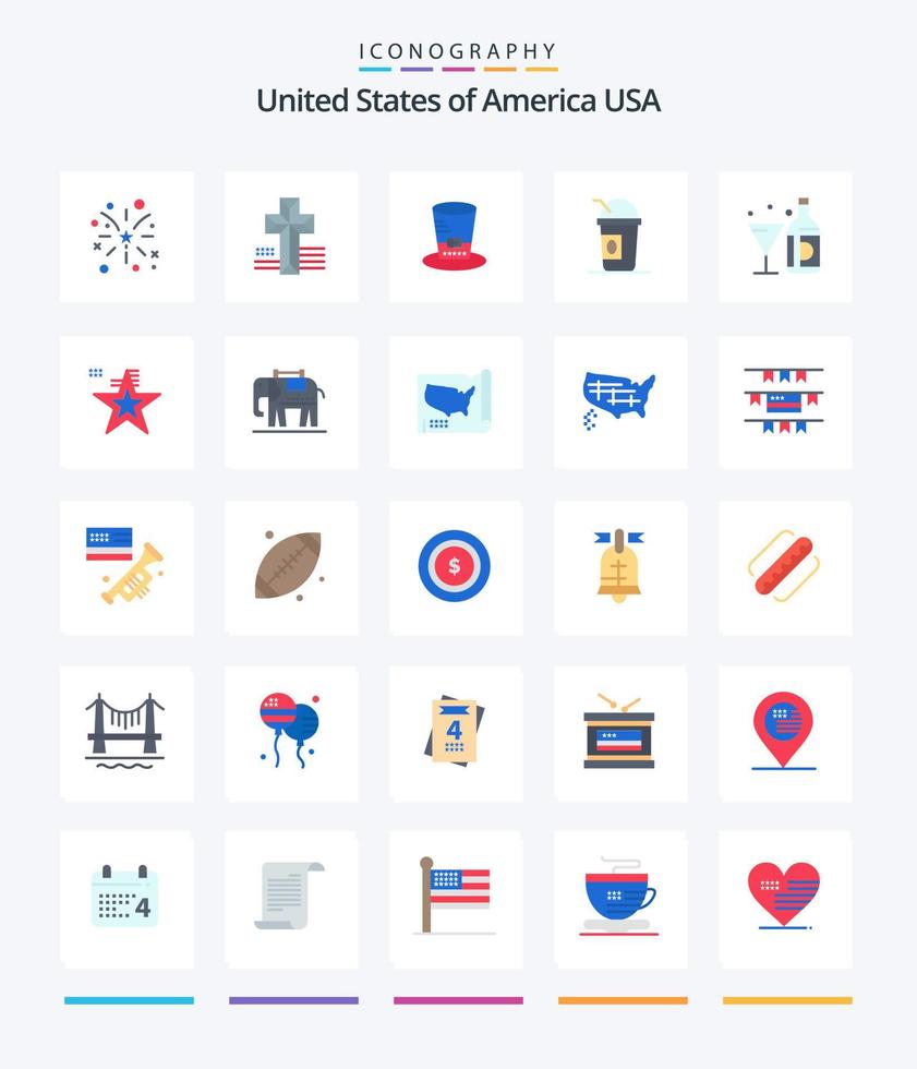 Creative usa 25 paquete de iconos planos como americano. beber. sombrero. estados americano vector