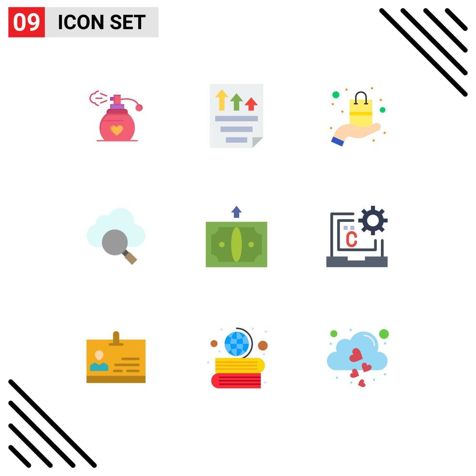 Pack of 9 Modern Flat Colors Signs and Symbols for Web Print Media such as finance back present research cloud Editable Vector Design Elements