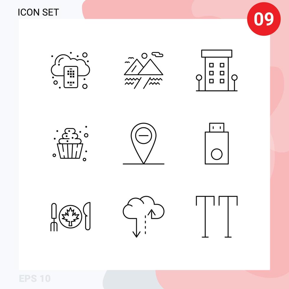 Mobile Interface Outline Set of 9 Pictograms of location sweets house soft serve dessert Editable Vector Design Elements