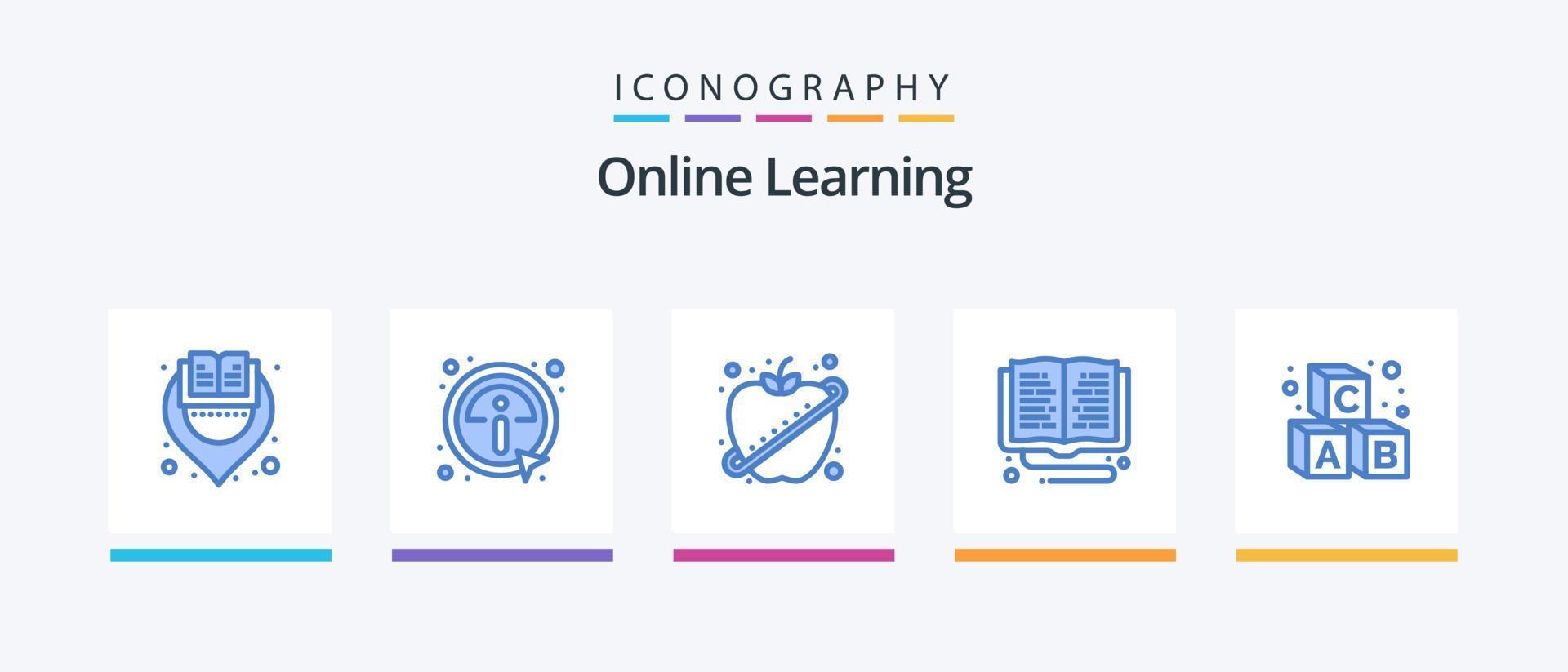 Online Learning Blue 5 Icon Pack Including alphabet. online learning. apple. online. education. Creative Icons Design vector
