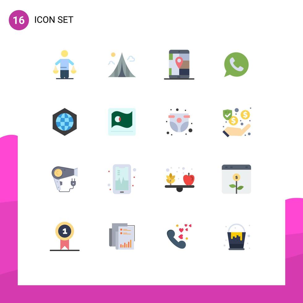 Pack of 16 Modern Flat Colors Signs and Symbols for Web Print Media such as watts app chat landmark app location Editable Pack of Creative Vector Design Elements
