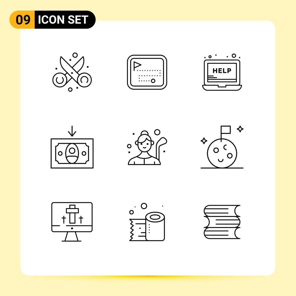 Group of 9 Modern Outlines Set for golf money flag cashing support Editable Vector Design Elements