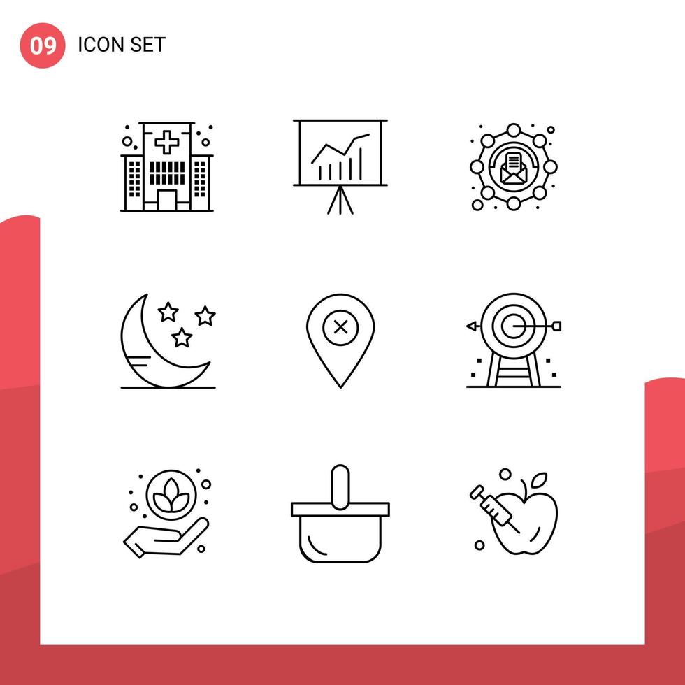 Mobile Interface Outline Set of 9 Pictograms of map weather presentation cloud message Editable Vector Design Elements