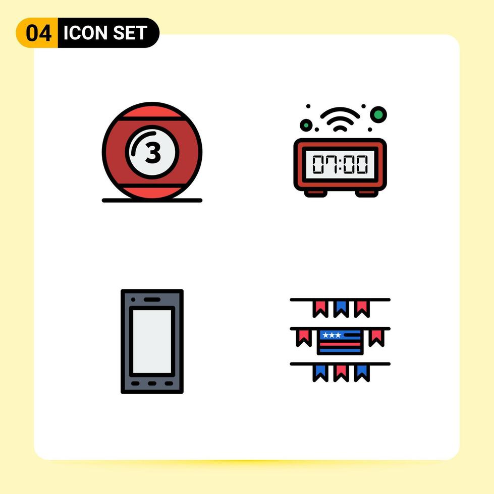 Set of 4 Vector Filledline Flat Colors on Grid for cue ball devices play digital phone Editable Vector Design Elements