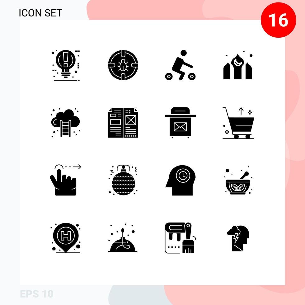 Editable Vector Line Pack of 16 Simple Solid Glyphs of ramadan asia protection architecture sport Editable Vector Design Elements