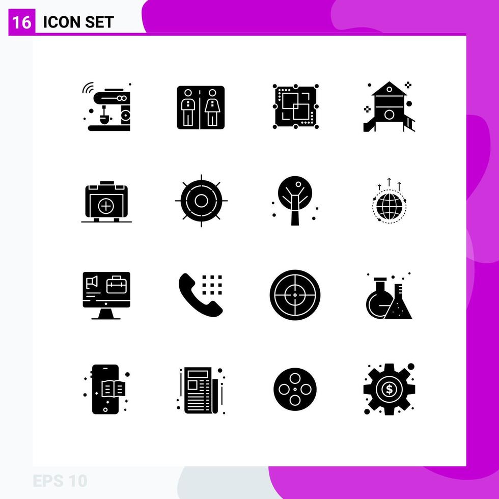 Editable Vector Line Pack of 16 Simple Solid Glyphs of play kindergarten hotel kids point Editable Vector Design Elements