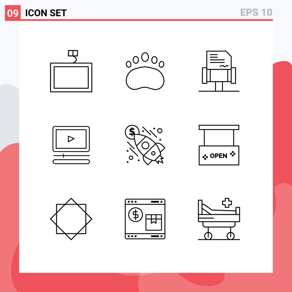 Pack of 9 Modern Outlines Signs and Symbols for Web Print Media such as money launch book business player Editable Vector Design Elements