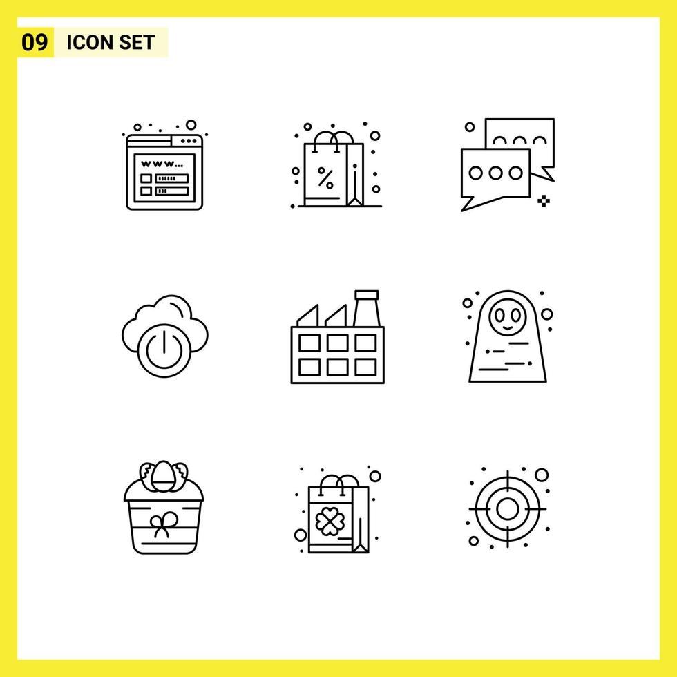 Modern Set of 9 Outlines and symbols such as factory off chat network cloud Editable Vector Design Elements