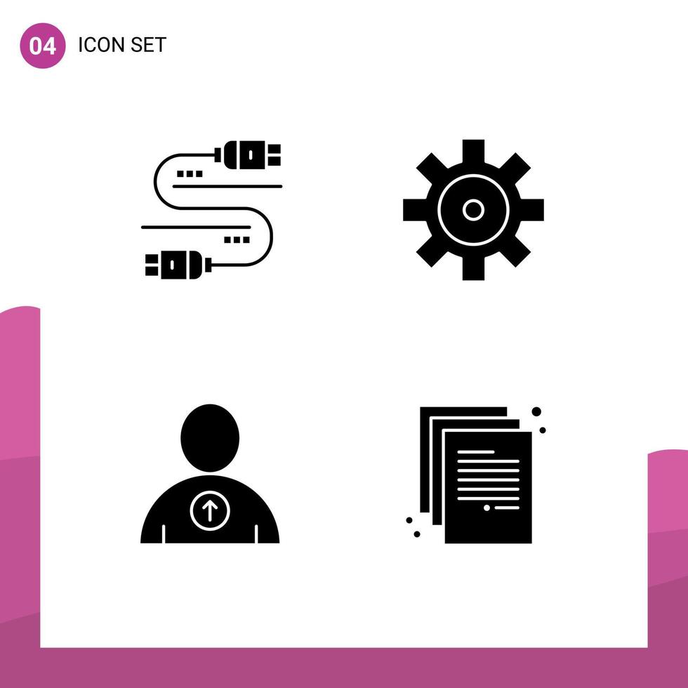 interfaz móvil conjunto de glifos sólidos de 4 pictogramas de usuario de cable compartir configuración de vehículo doc elementos de diseño vectorial editables vector