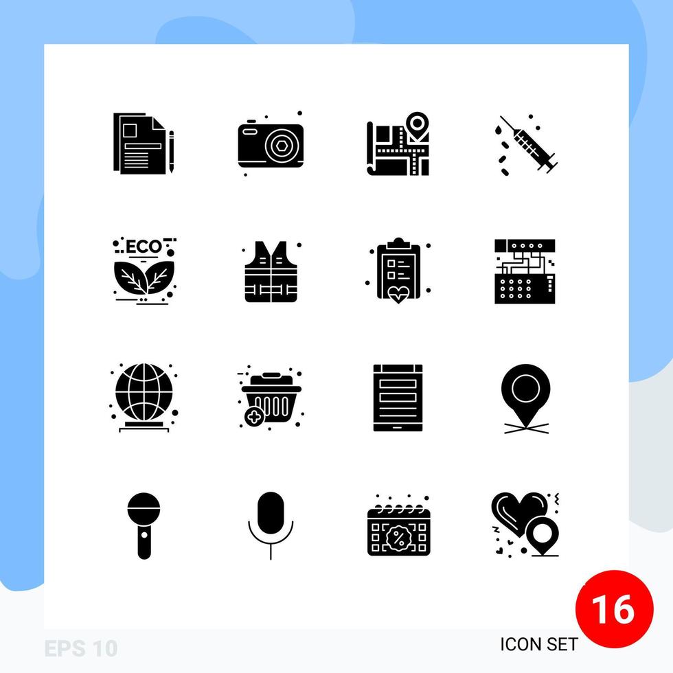 Universal Icon Symbols Group of 16 Modern Solid Glyphs of energy treatment camera vaccine injection Editable Vector Design Elements