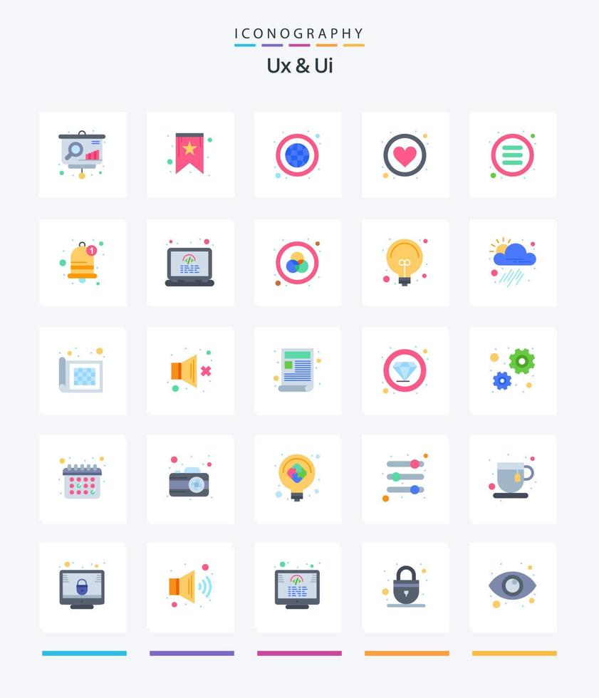 Creative Ux And Ui 25 Flat icon pack  Such As menu. list. global. like. app vector
