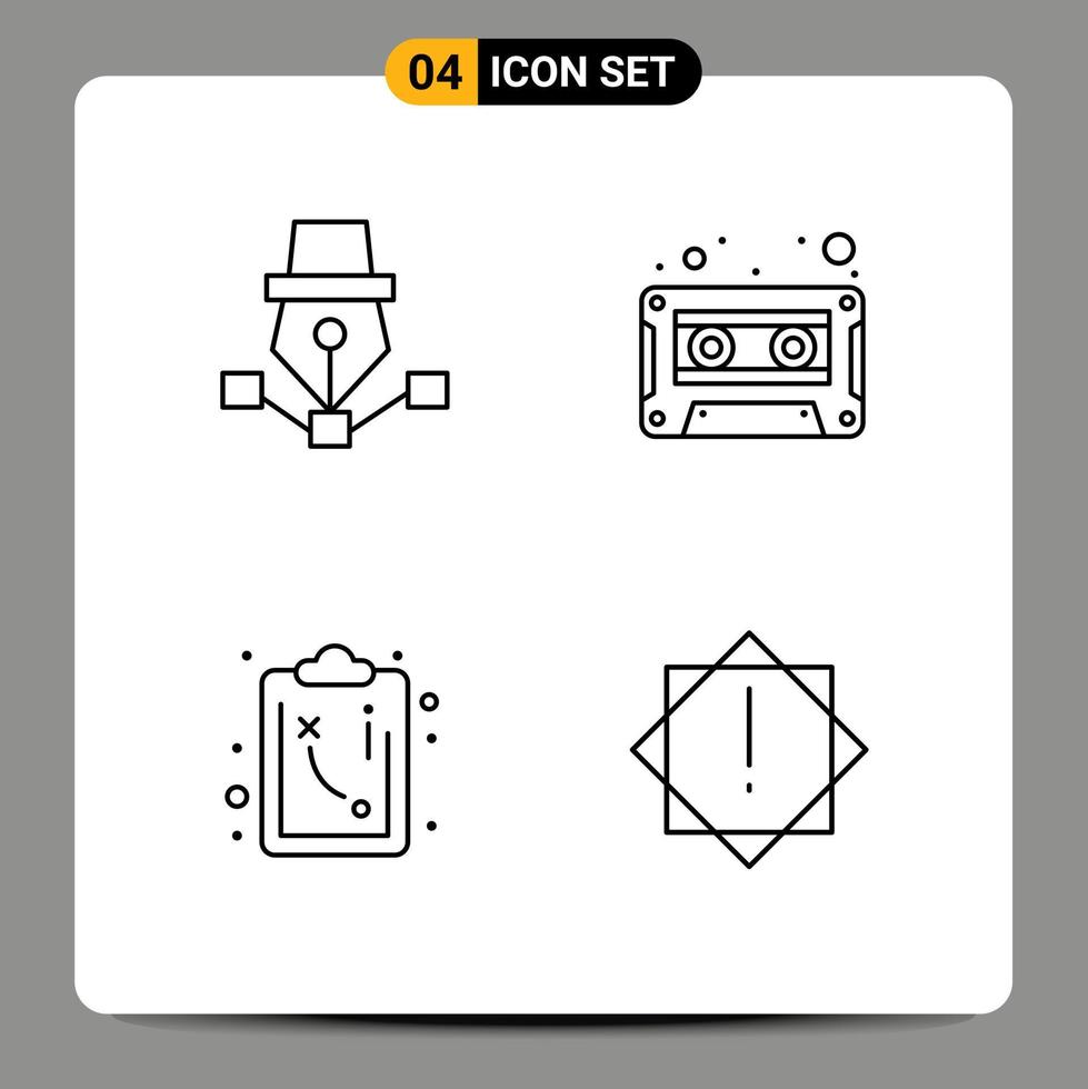 Set of 4 Modern UI Icons Symbols Signs for pen path design audio cassette tactics Editable Vector Design Elements