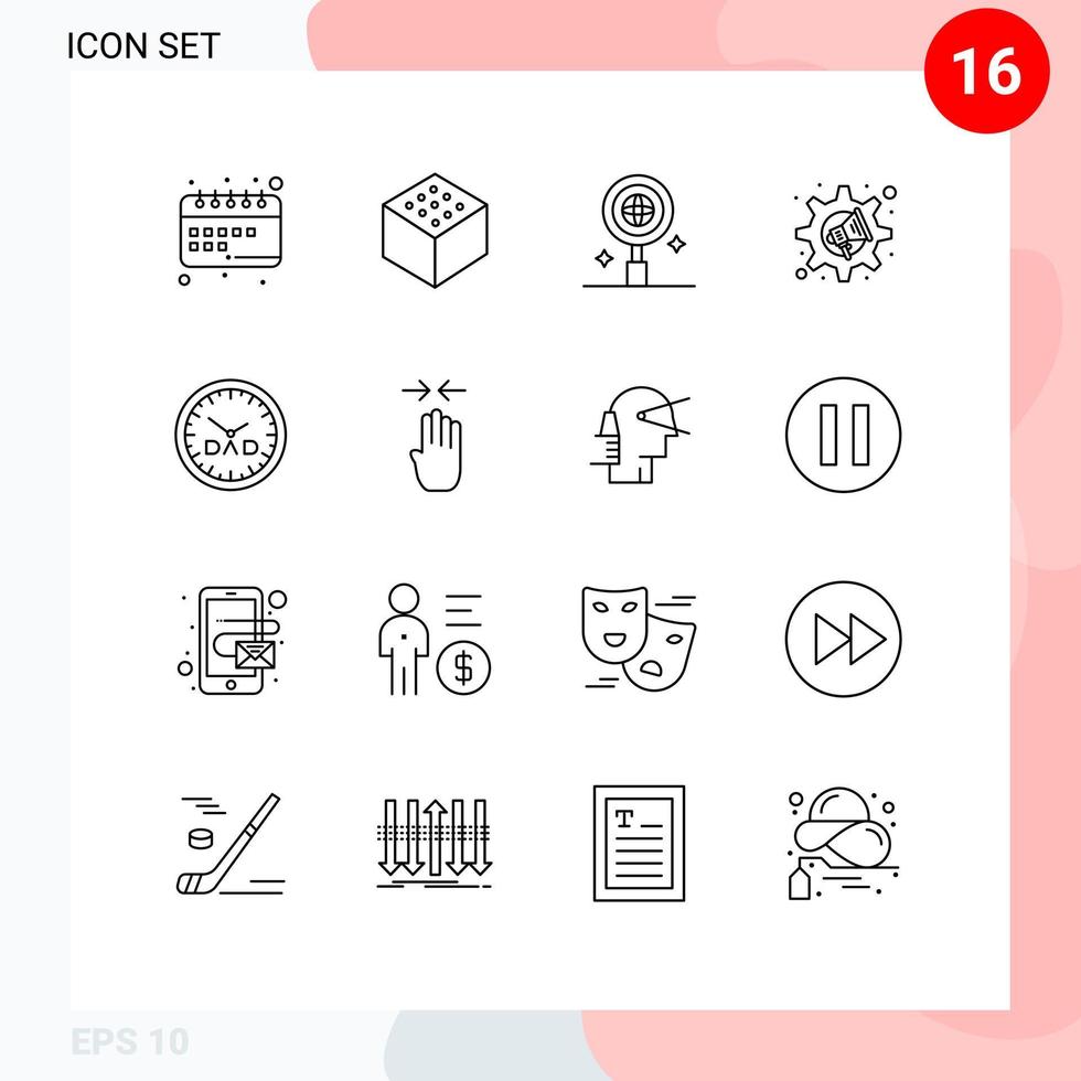 16 Universal Outlines Set for Web and Mobile Applications timepiece family time research clock speaker Editable Vector Design Elements