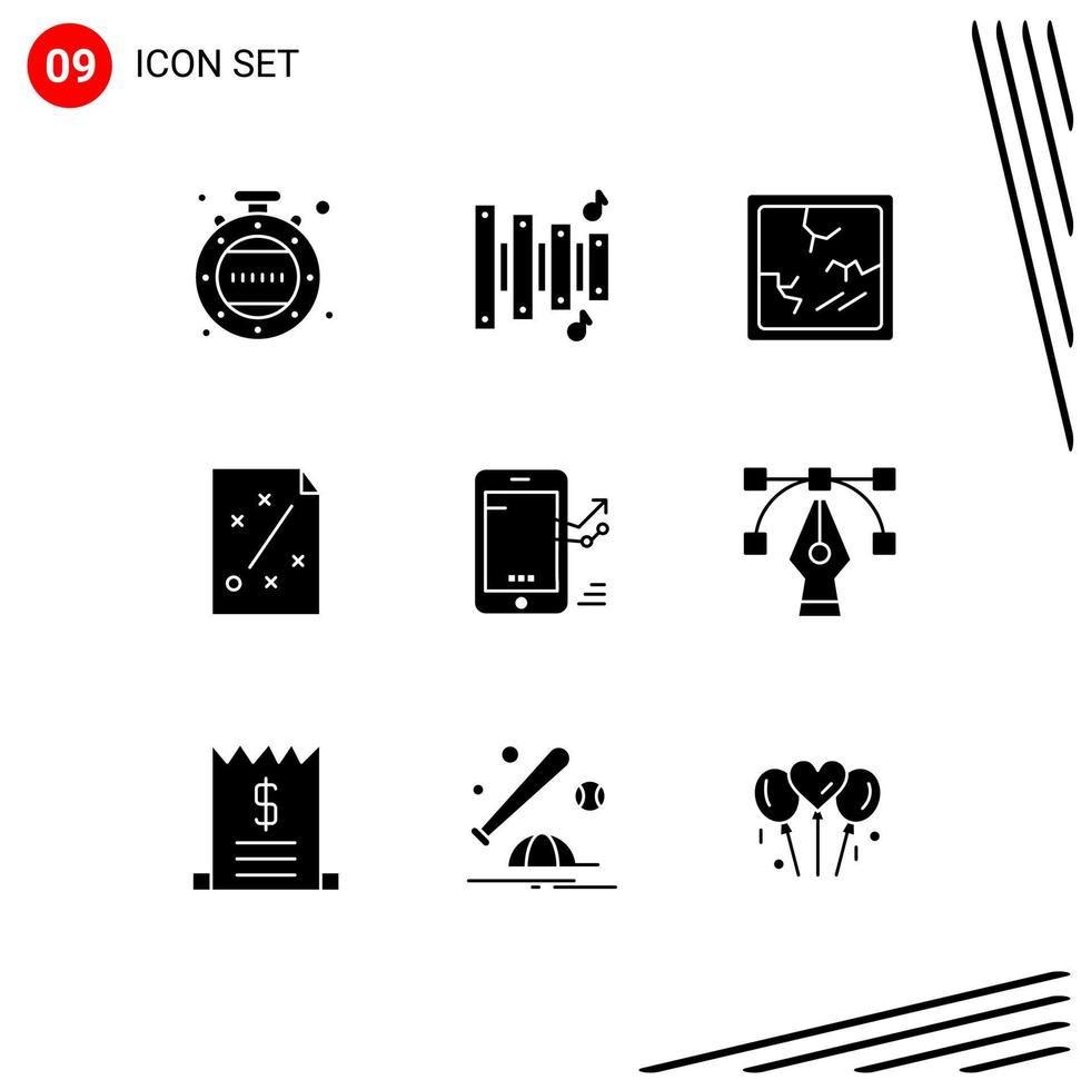 Mobile Interface Solid Glyph Set of 9 Pictograms of progress graph mirror chart project Editable Vector Design Elements