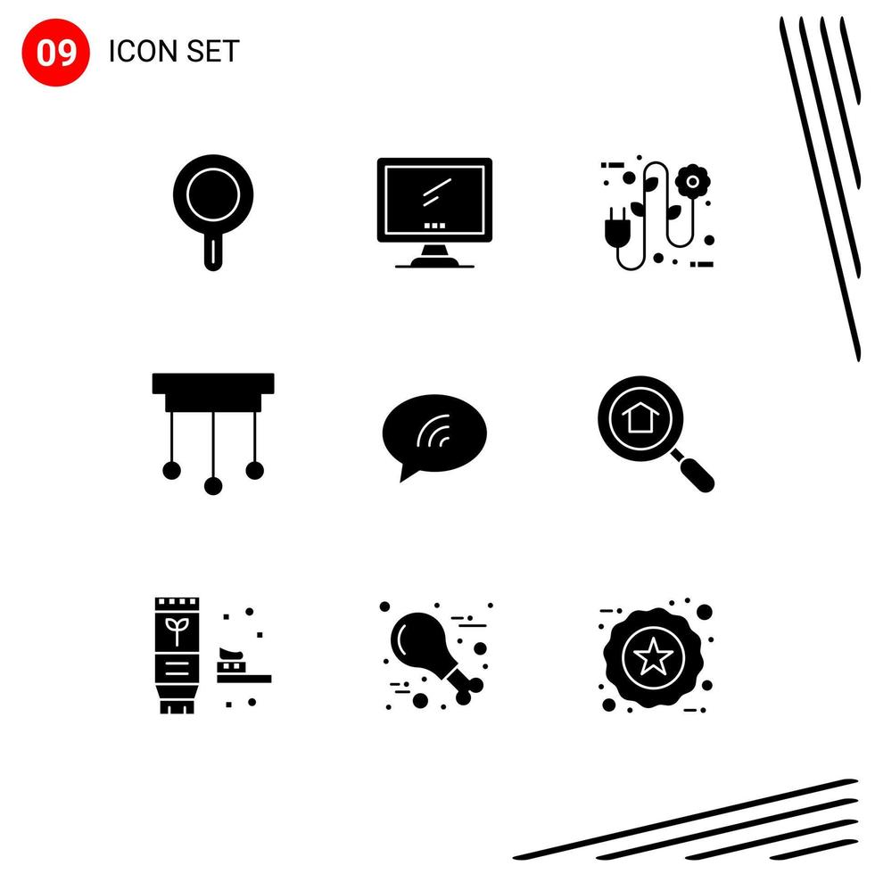 Modern Set of 9 Solid Glyphs Pictograph of chat interior eco home chandelier Editable Vector Design Elements