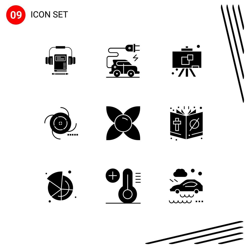 Pack of 9 creative Solid Glyphs of herb bloom education gravitational field Editable Vector Design Elements