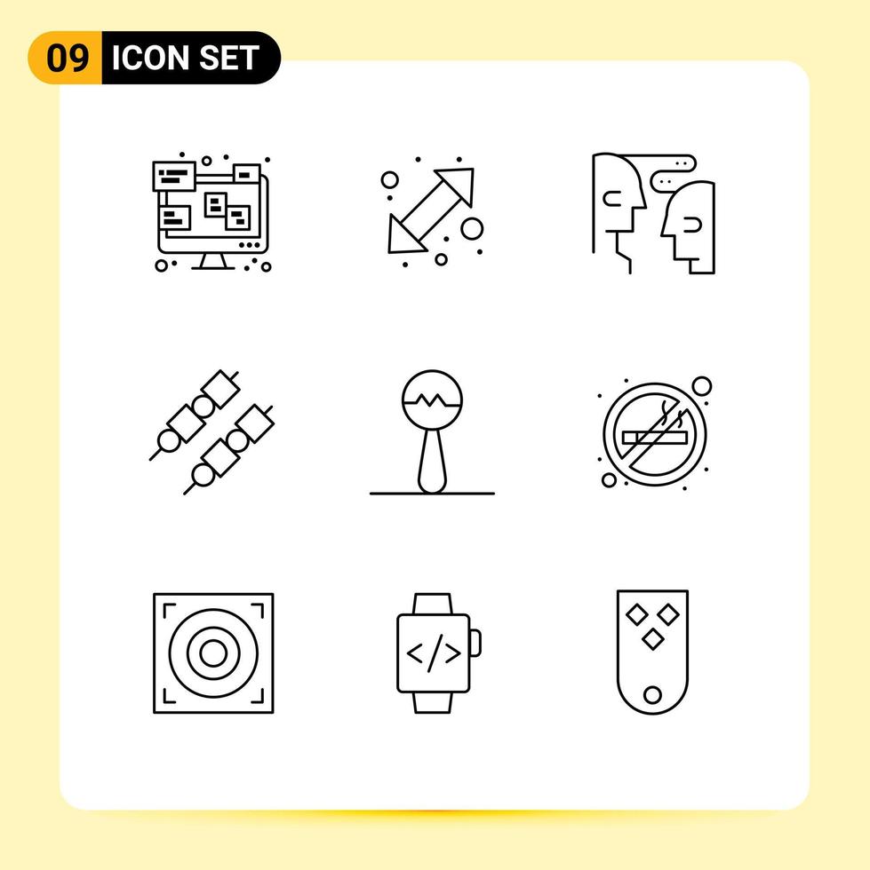 Set of 9 Vector Outlines on Grid for music instrument brain grill barbeque Editable Vector Design Elements