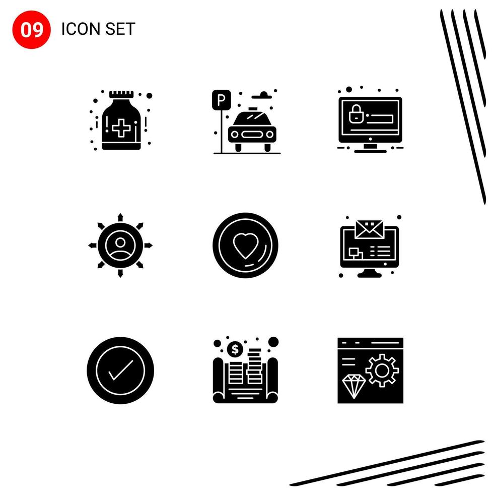 Pack of 9 Modern Solid Glyphs Signs and Symbols for Web Print Media such as heart manager password corporate business Editable Vector Design Elements