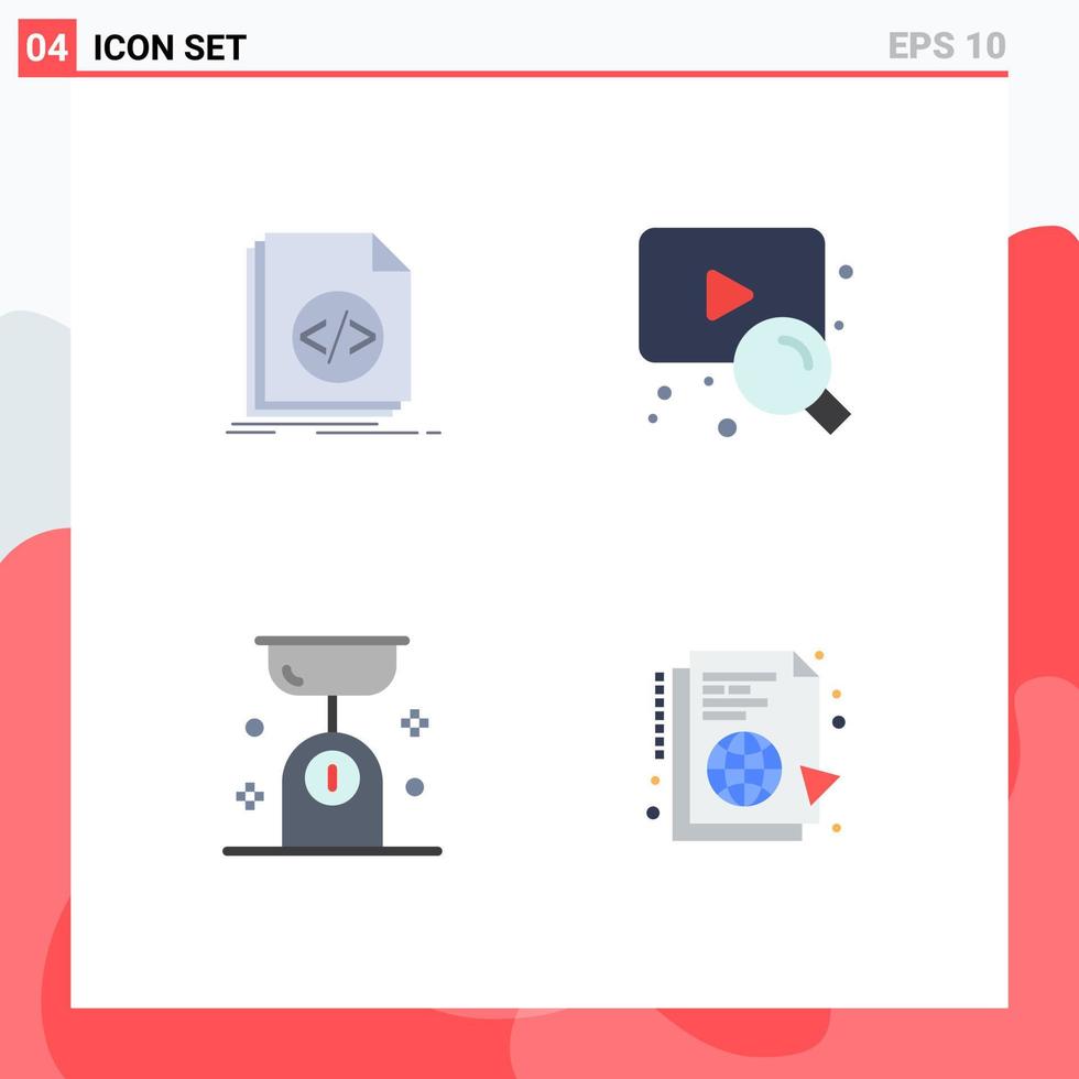 Pack of 4 creative Flat Icons of code food programming video kitchen Editable Vector Design Elements
