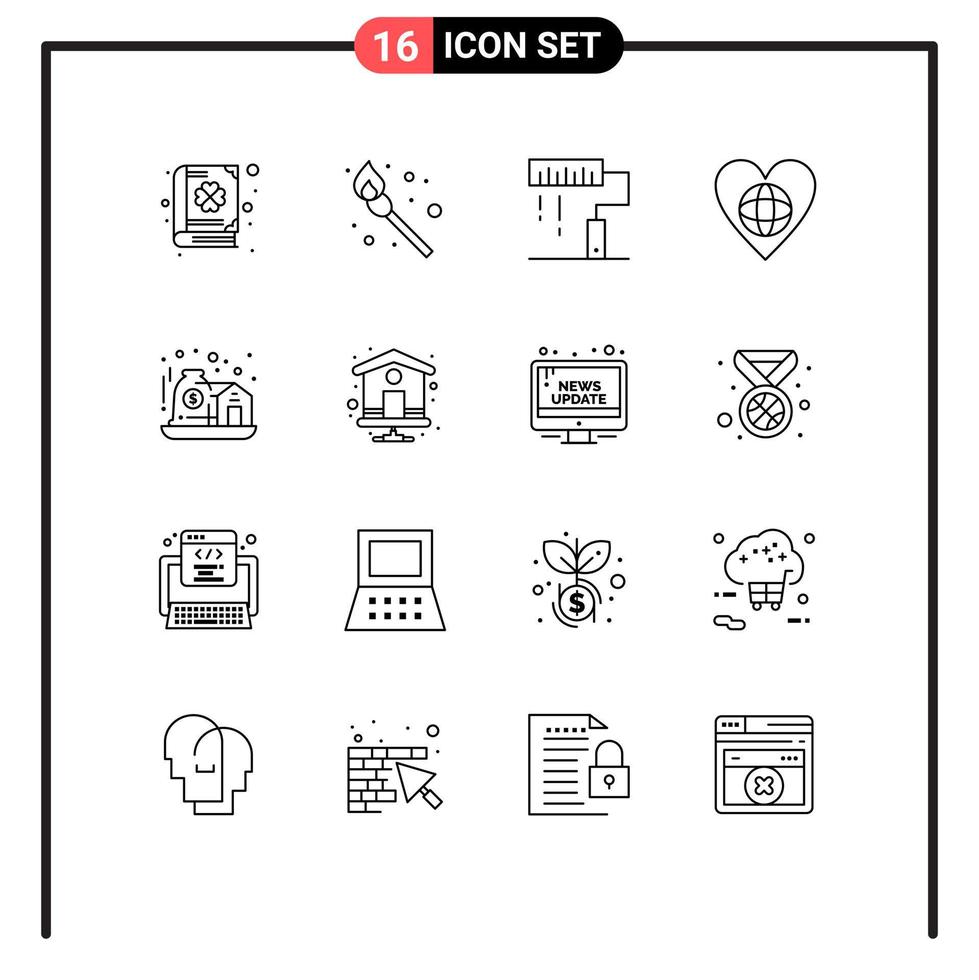 Paquete de 16 esquemas de interfaz de usuario de signos y símbolos modernos de elementos de diseño de vectores editables de ecología mundial de diseño de corazón de activos