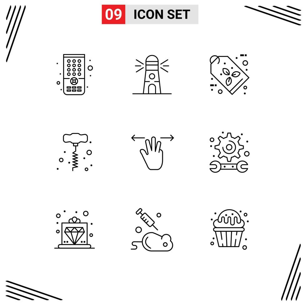 Set of 9 Vector Outlines on Grid for three fingers hand eco label gestures hand drill Editable Vector Design Elements