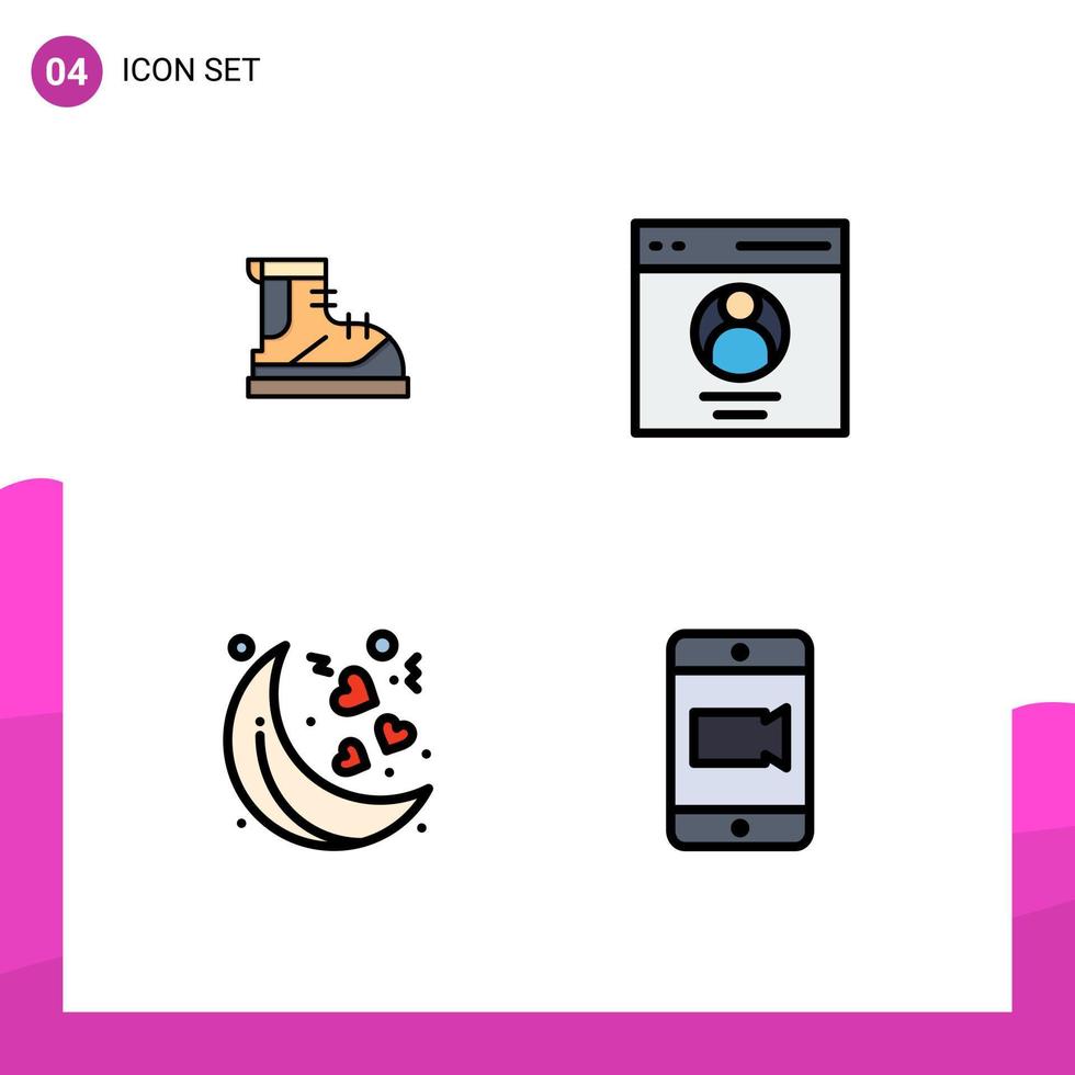 Set of 4 Vector Filledline Flat Colors on Grid for boots moon track interface valentines Editable Vector Design Elements