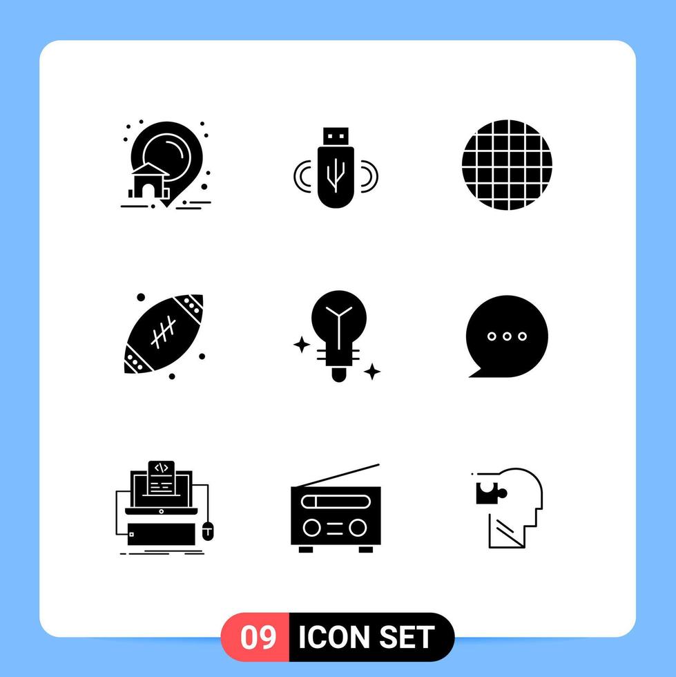 9 Thematic Vector Solid Glyphs and Editable Symbols of media bulb food football father Editable Vector Design Elements