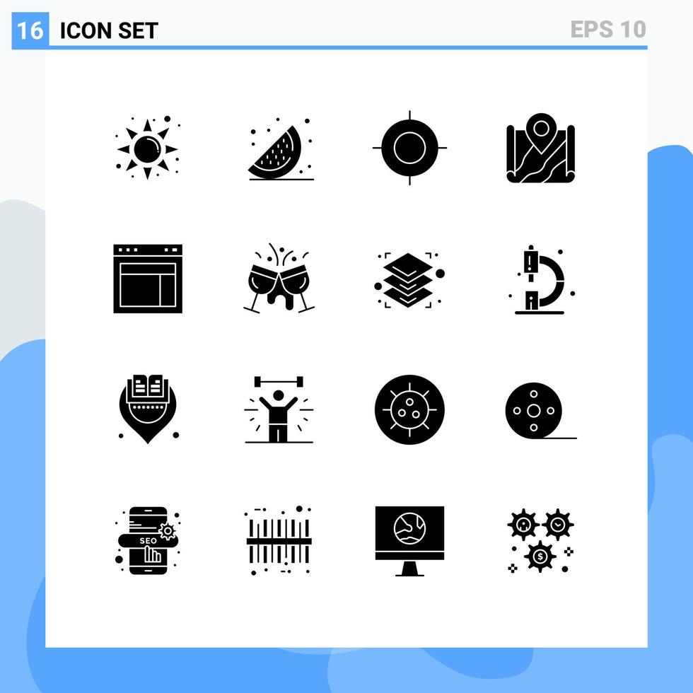 16 User Interface Solid Glyph Pack of modern Signs and Symbols of site design target destination location Editable Vector Design Elements
