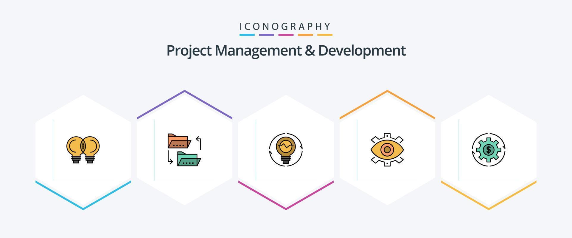 Project Management And Development 25 FilledLine icon pack including creative. lightbulb. sharing. light. idea vector