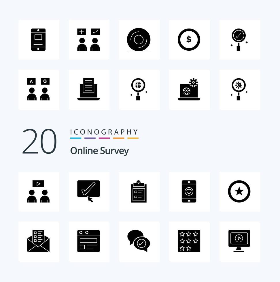 20 OnSolid Glyph Survey Solid Glyph icon Pack like business mobile  tick paper vector
