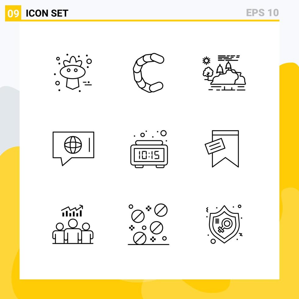Group of 9 Modern Outlines Set for alarm technical hill world rain Editable Vector Design Elements