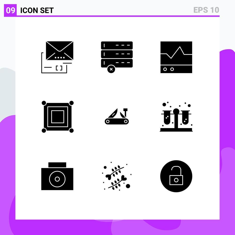 Solid Glyph Pack of 9 Universal Symbols of knife box ecg corner board Editable Vector Design Elements